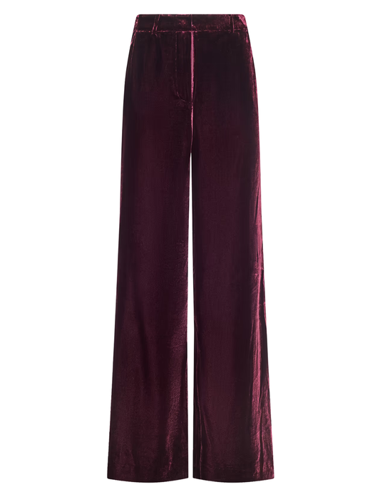 L'AGENCE Pilar Velvet Wide Leg Pant in Deep Port burgundy silk-blend velvet with high-rise waist.