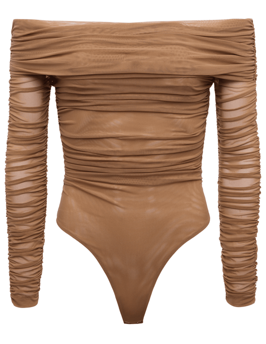 L’AGENCE Poppie Off Shoulder Bodysuit in Cinnamon Swirl with ruching