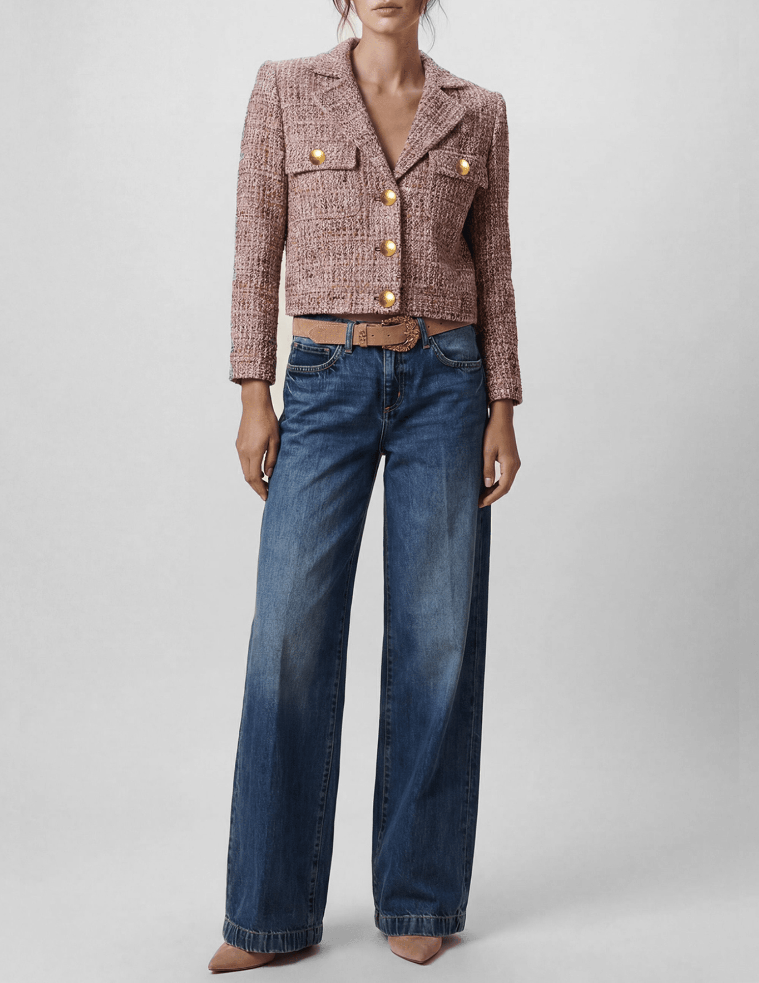 Model wearing L'AGENCE Quinn Bordeaux Multi Tweed Jacket with wide-leg denim.