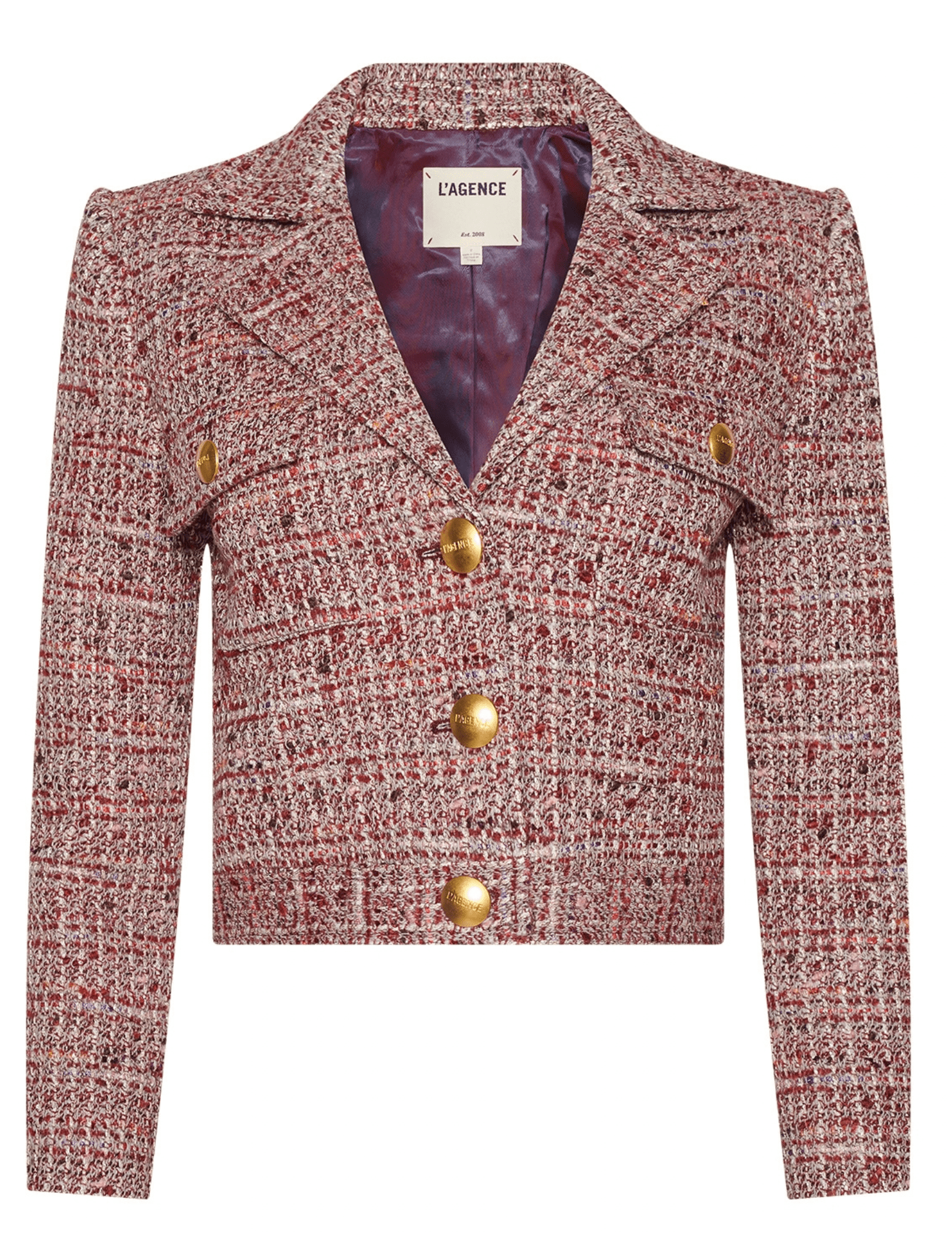 L'AGENCE Quinn Tweed Jacket in Bordeaux Multi with gold logo buttons and lapel collar.