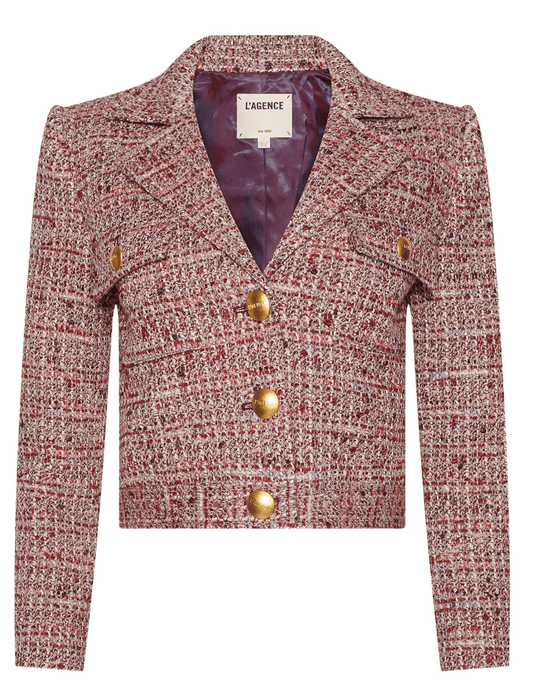 L'AGENCE Quinn Tweed Jacket in Bordeaux Multi with gold logo buttons and lapel collar.