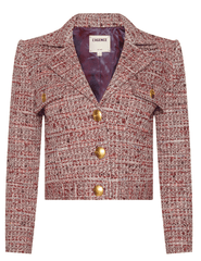 L'AGENCE Quinn Tweed Jacket in Bordeaux Multi with gold logo buttons and lapel collar.