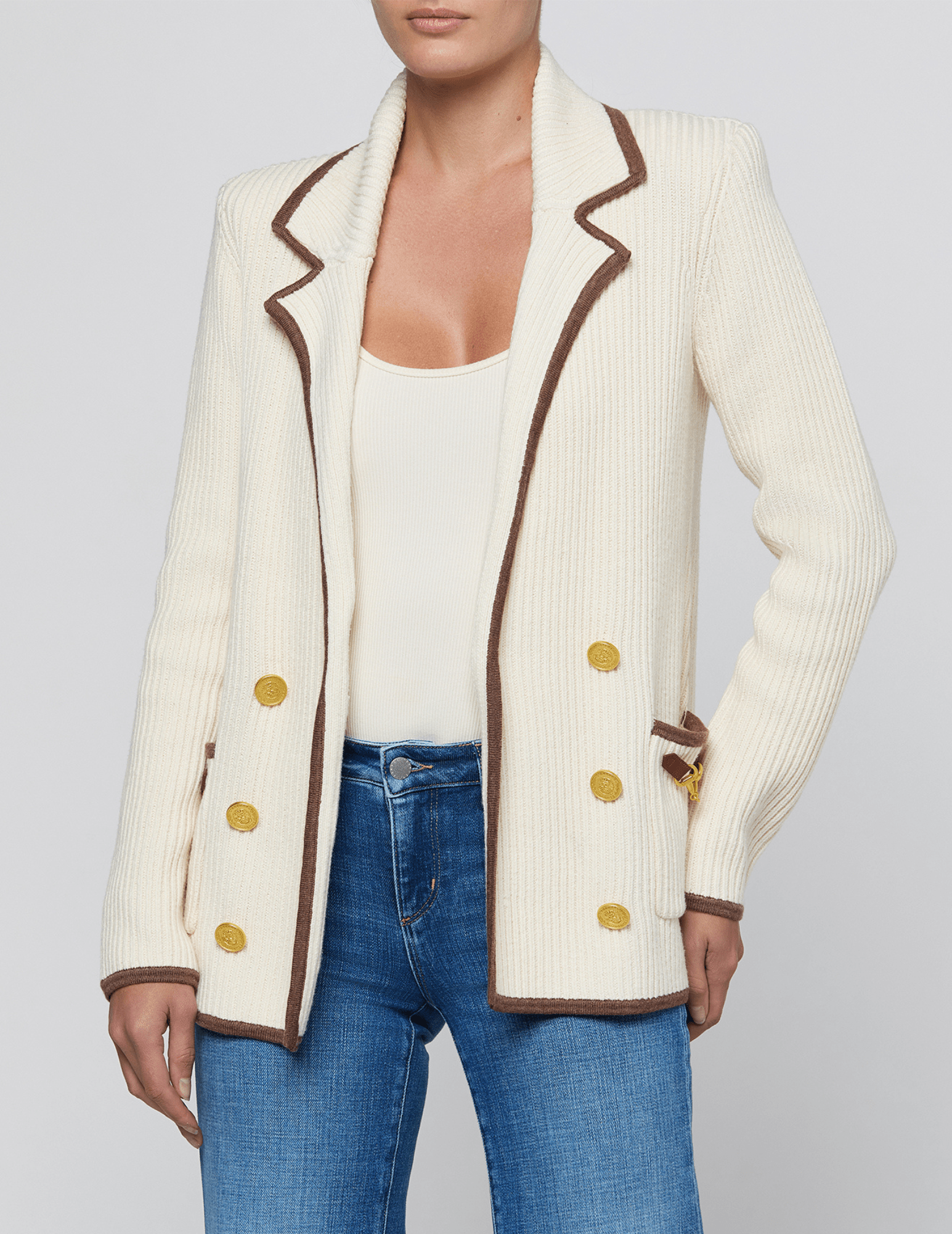 Front view of L'AGENCE Ranch Knit Blazer Ivory Dark Cappuccino