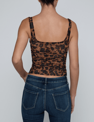Back view of L’AGENCE Rasha Shirred Mesh Tank in Brown Multi Amur Leopard print.