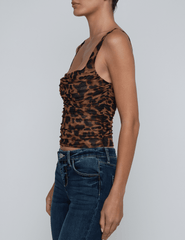 Side view of L’AGENCE Rasha Shirred Mesh Tank in Brown Multi Amur Leopard print.