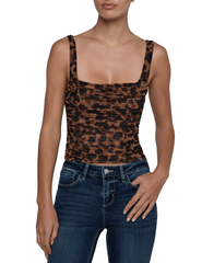 Front view of L’AGENCE Rasha Shirred Mesh Tank in Brown Multi Amur Leopard print.