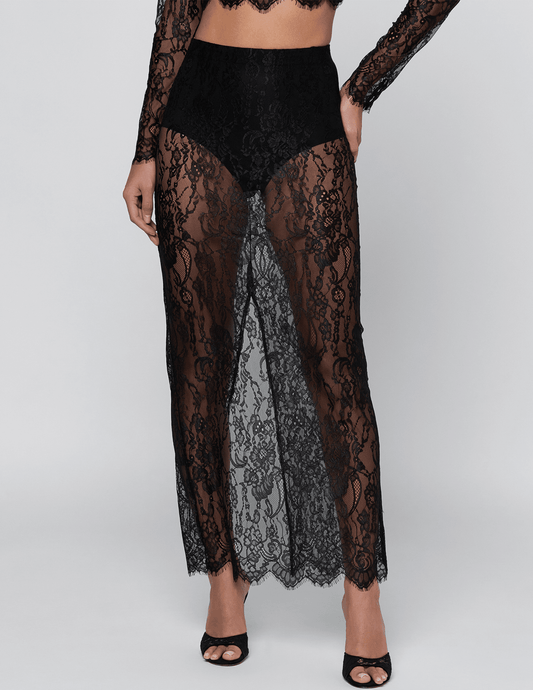 Front view of L'AGENCE Raymonde Lace Maxi Skirt in Black
