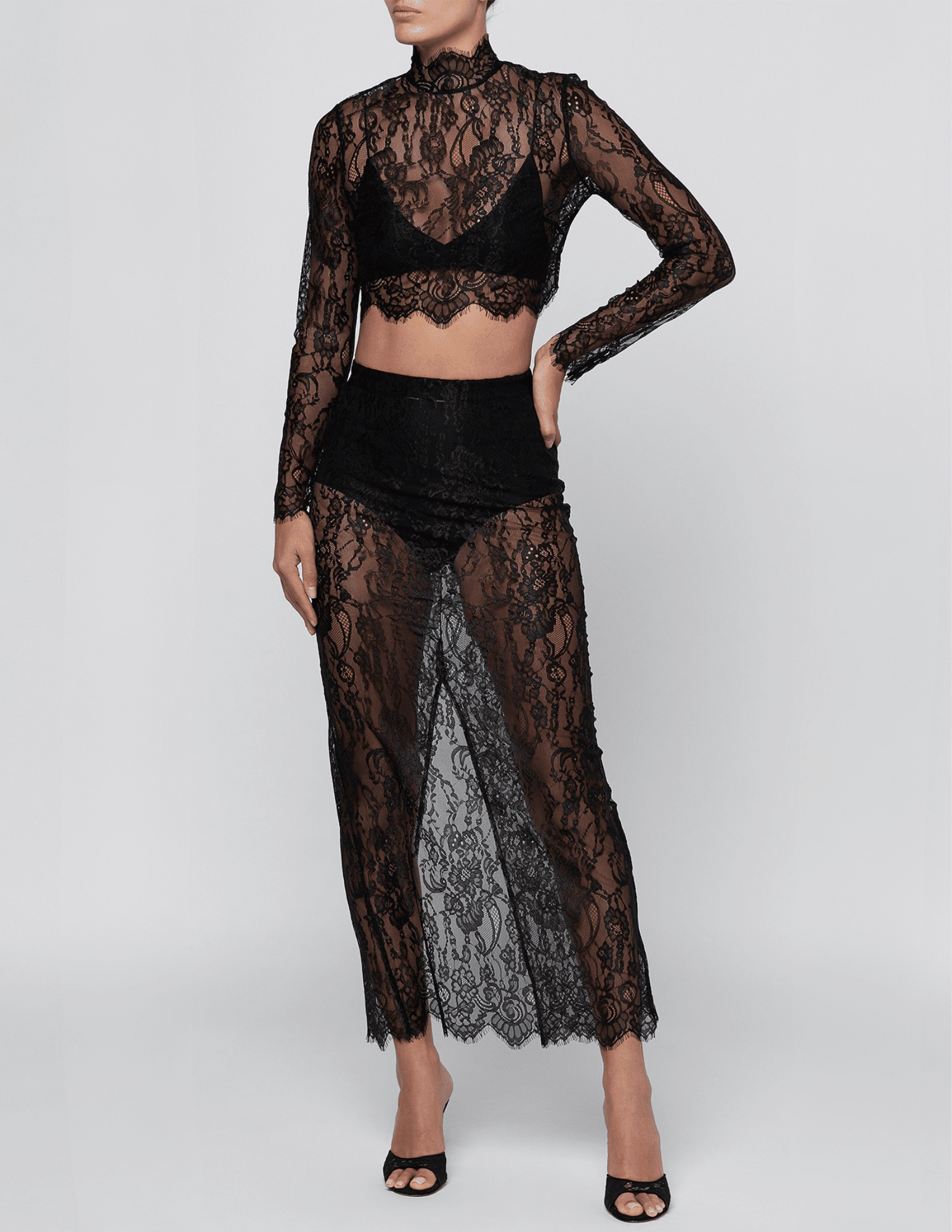 L'AGENCE Raymonde Lace Maxi Skirt in Black with Henriette top