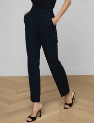 Side view of L’AGENCE Rebel trouser in midnight ivory pinstripe with high-waisted fit
