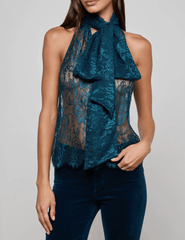 Front view of L’AGENCE Reece lace blouse in deep teal