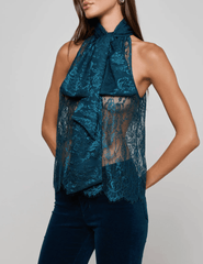 Side view of L’AGENCE Reece lace blouse in deep teal