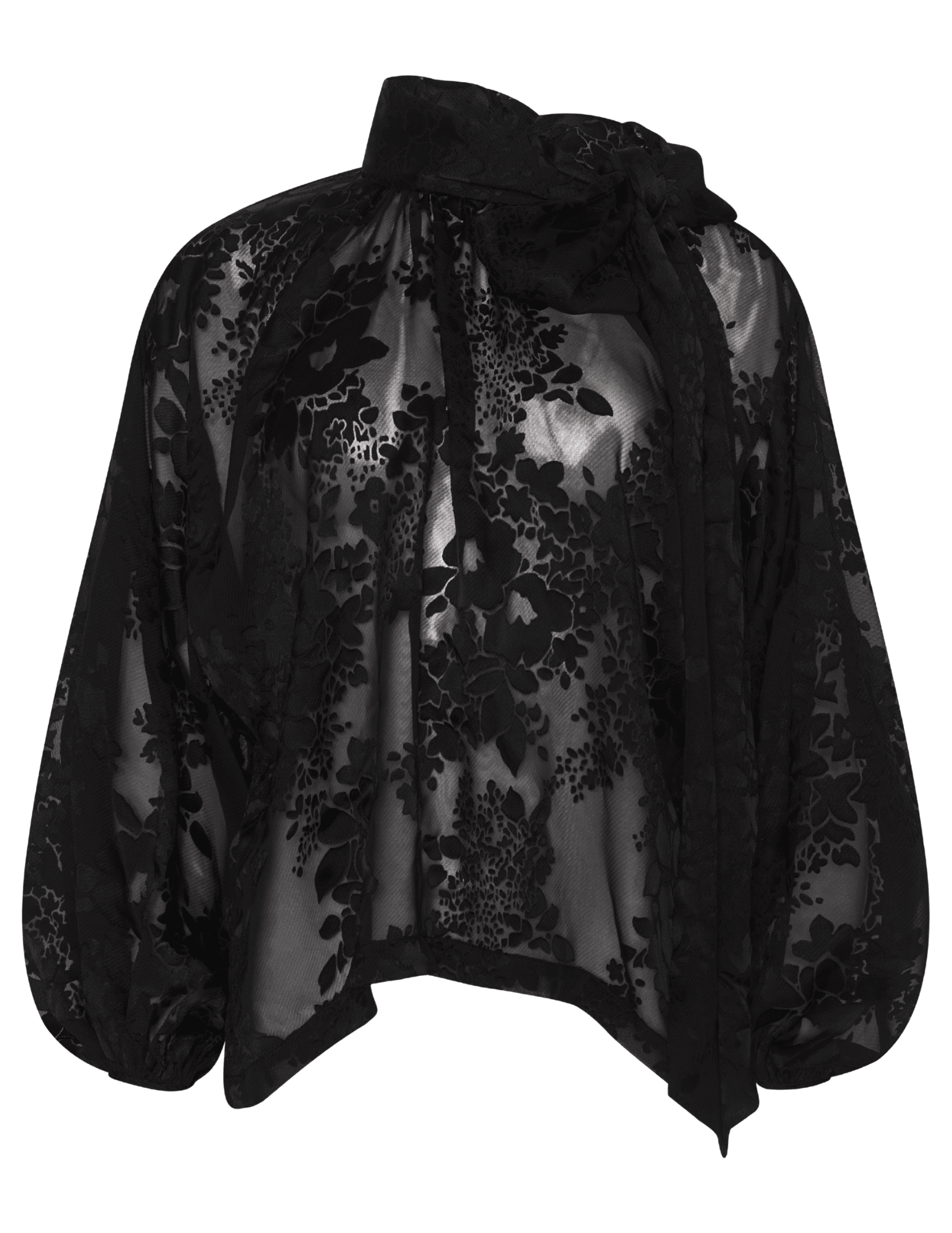 L’AGENCE Rhett Lace Oversized Blouse in black with mock neckline and blouson sleeves