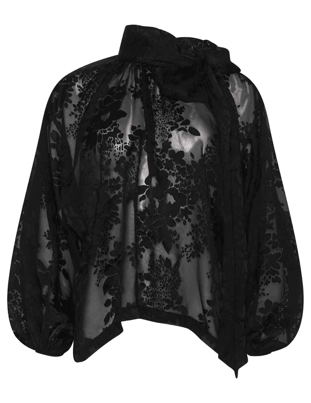 L’AGENCE Rhett Lace Oversized Blouse in black with mock neckline and blouson sleeves
