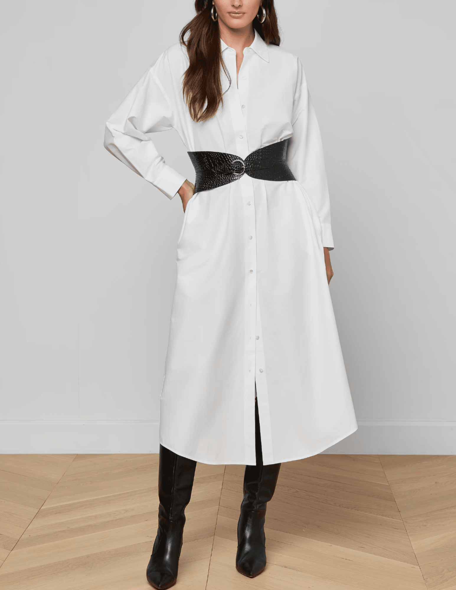 L’AGENCE Ridley poplin shirt dress in white front view
