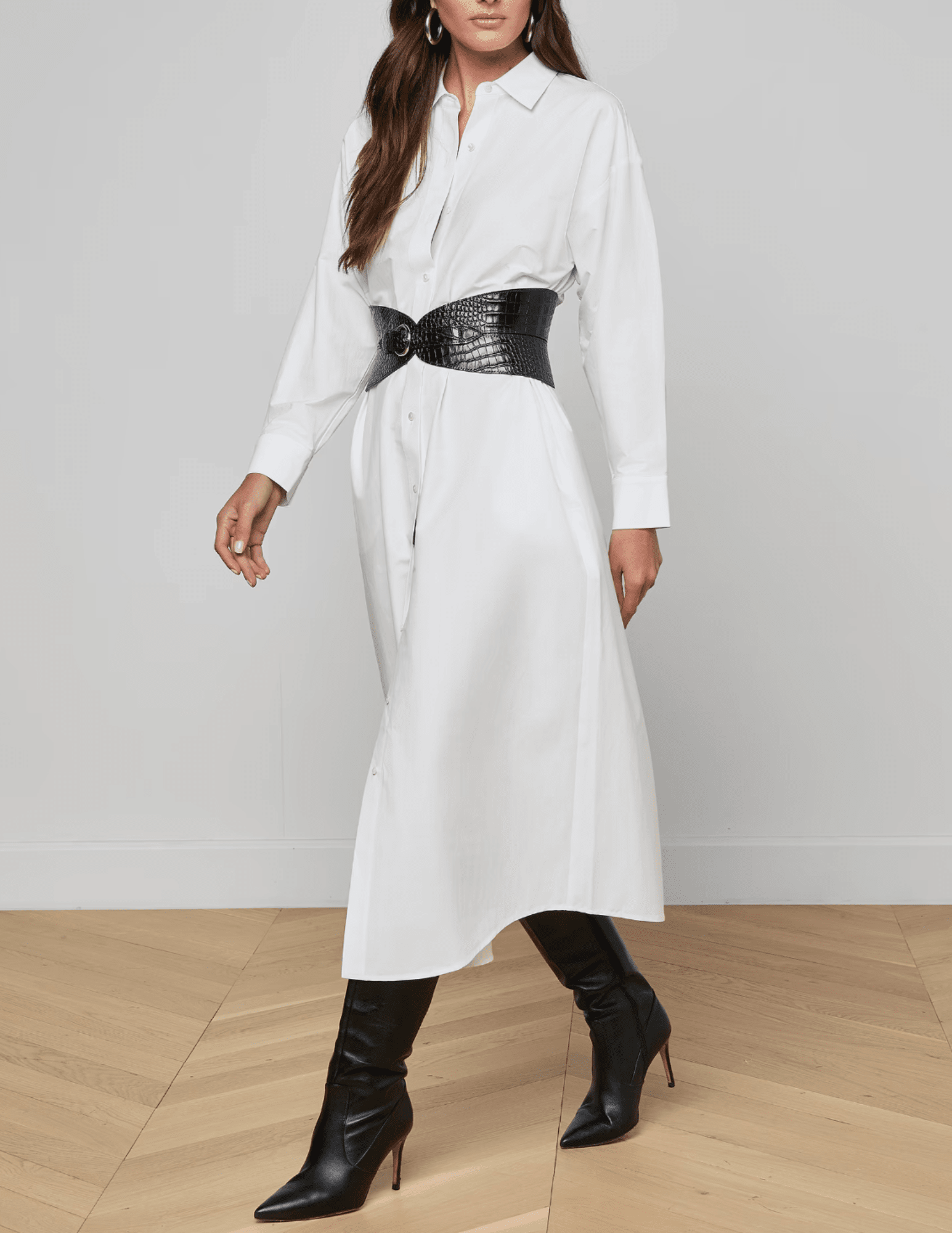 Side view of L’AGENCE Ridley poplin shirt dress in white