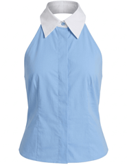 L'AGENCE Rina collared halter top in blue and white front view
