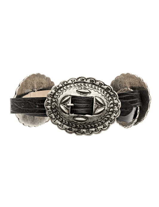 L'AGENCE Rocha Western Belt in Black Lizard Embossed. wrapped