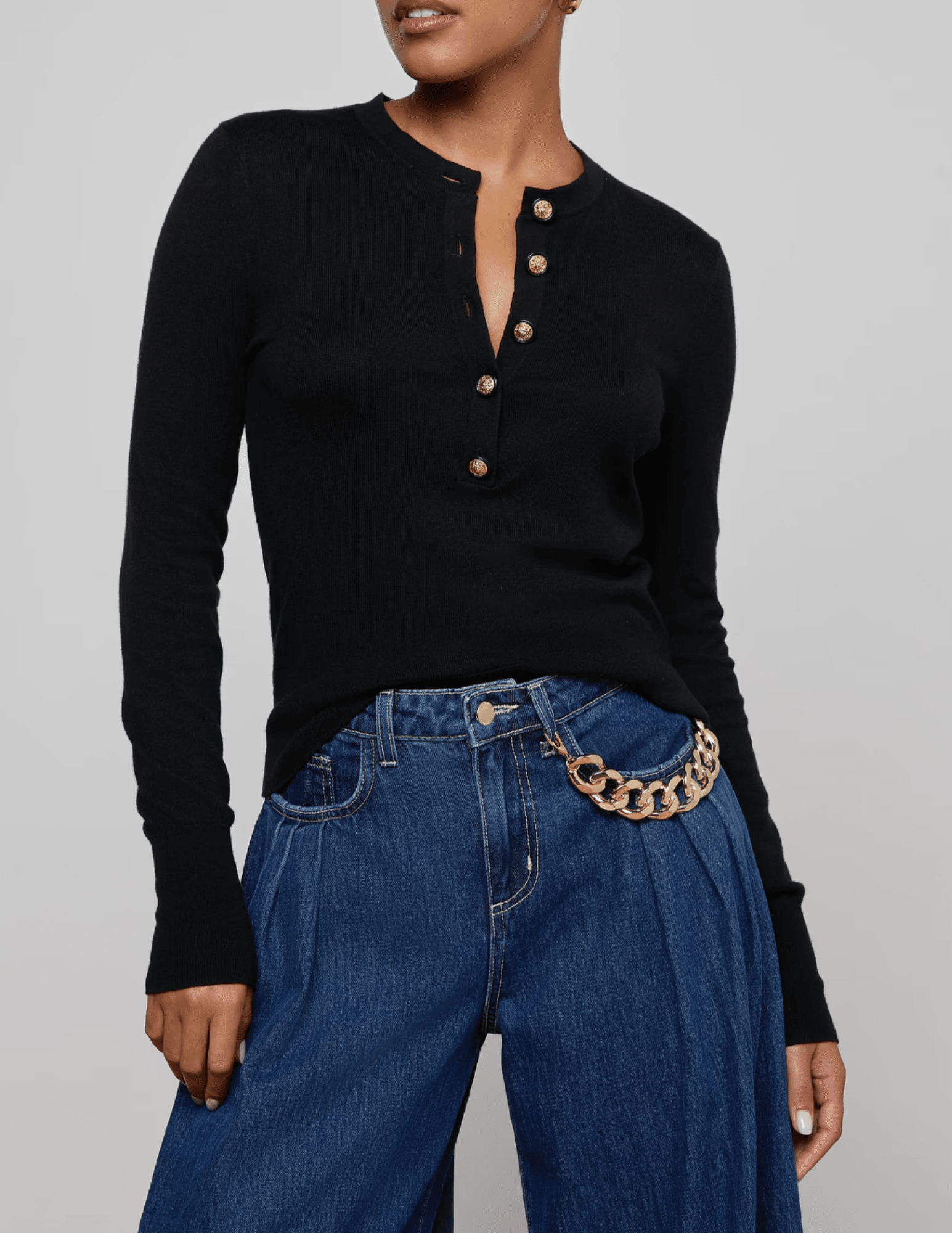 Front view of L’AGENCE Ronda long sleeve knit henley top in black