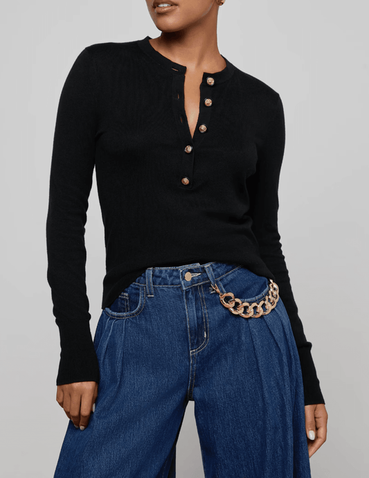 Front view of L’AGENCE Ronda long sleeve knit henley top in black