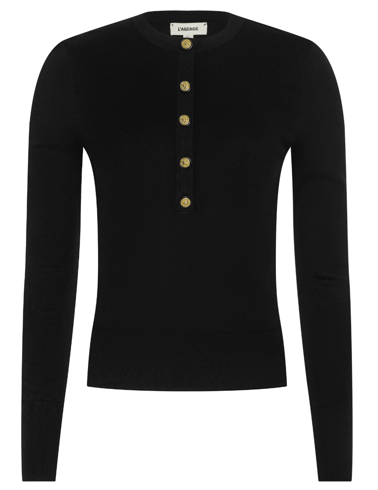 L’AGENCE Ronda Knit Henley Top in black with gold lion head buttons