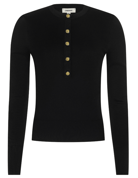 L’AGENCE Ronda Knit Henley Top in black with gold lion head buttons