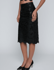 Side view of L’AGENCE Royal vegan leather midi pencil skirt