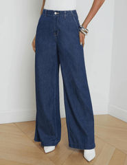 L'AGENCE Runa high rise wide leg jeans in New Haven dark wash, women’s stylish denim with a high waist and flowing wide leg silhouette front model wash