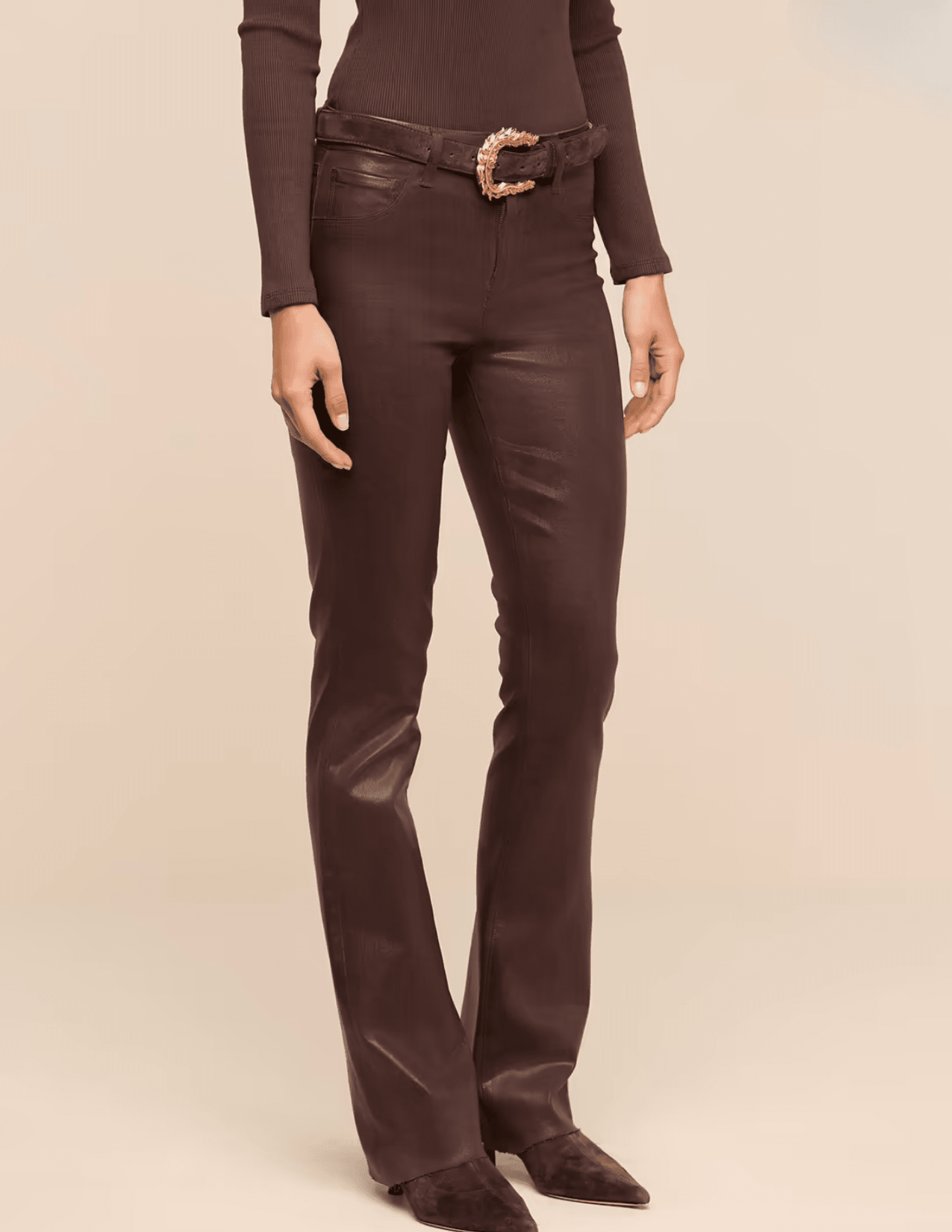 Side view of L’AGENCE Ruth High Rise Straight Coated Jeans in Dark Java