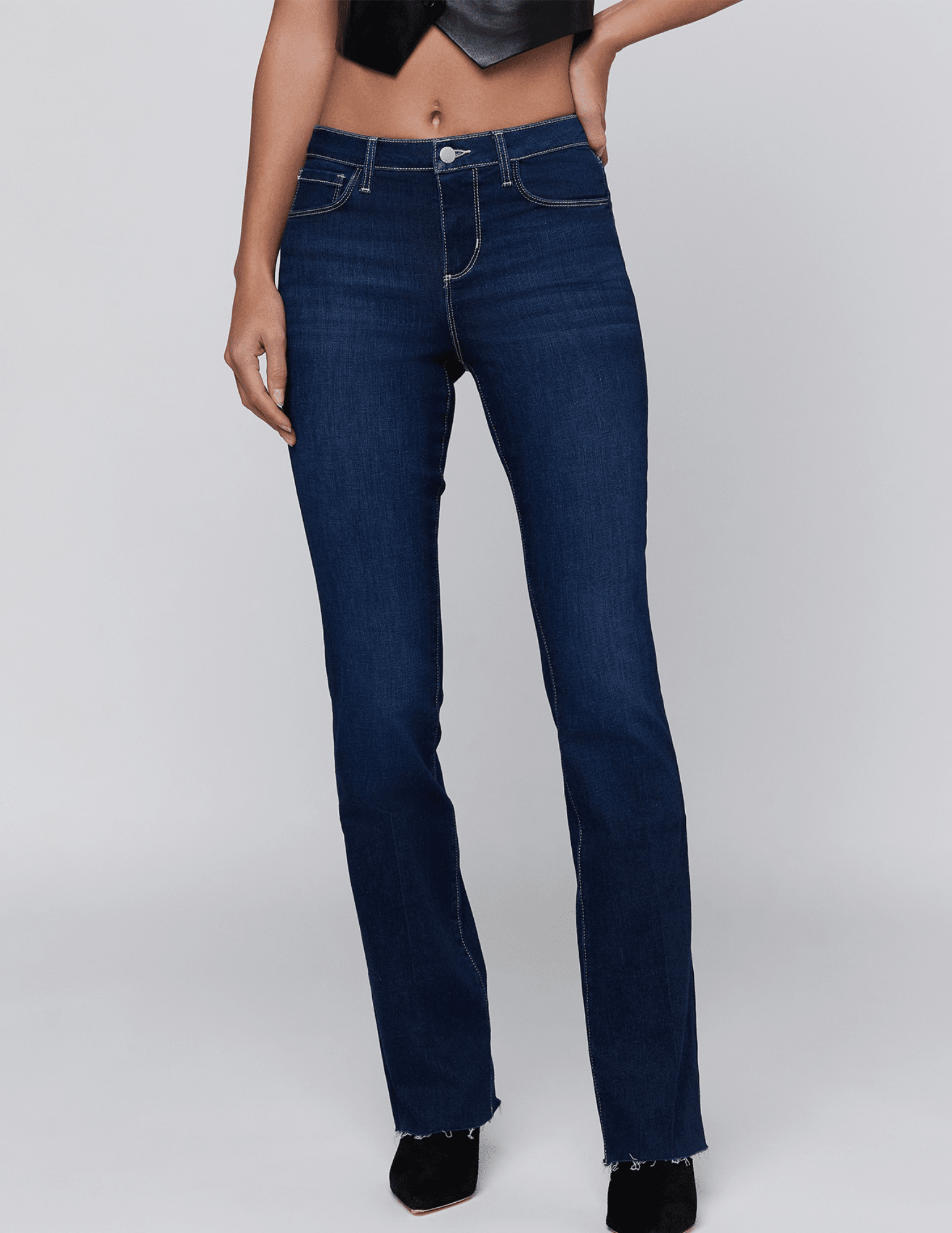 Front view of L'AGENCE Ruth High Rise Straight Jeans in Robles featuring a flattering high waist and dark indigo wash.