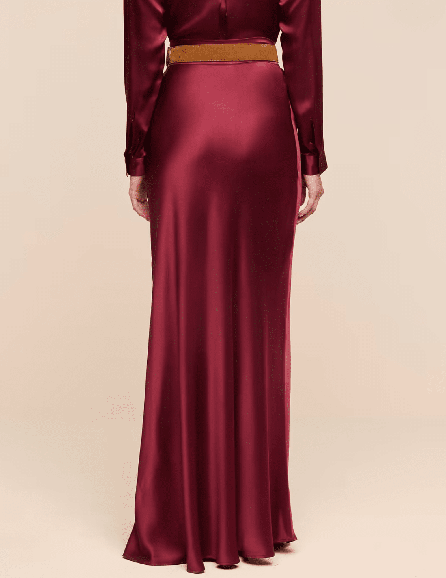 Back view of L'AGENCE Ryker Silk Maxi Skirt in Merlot Red