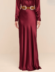 Front view of L'AGENCE Ryker Silk Maxi Skirt in Merlot Red