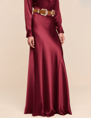 Side view of L'AGENCE Ryker Silk Maxi Skirt in Merlot Red
