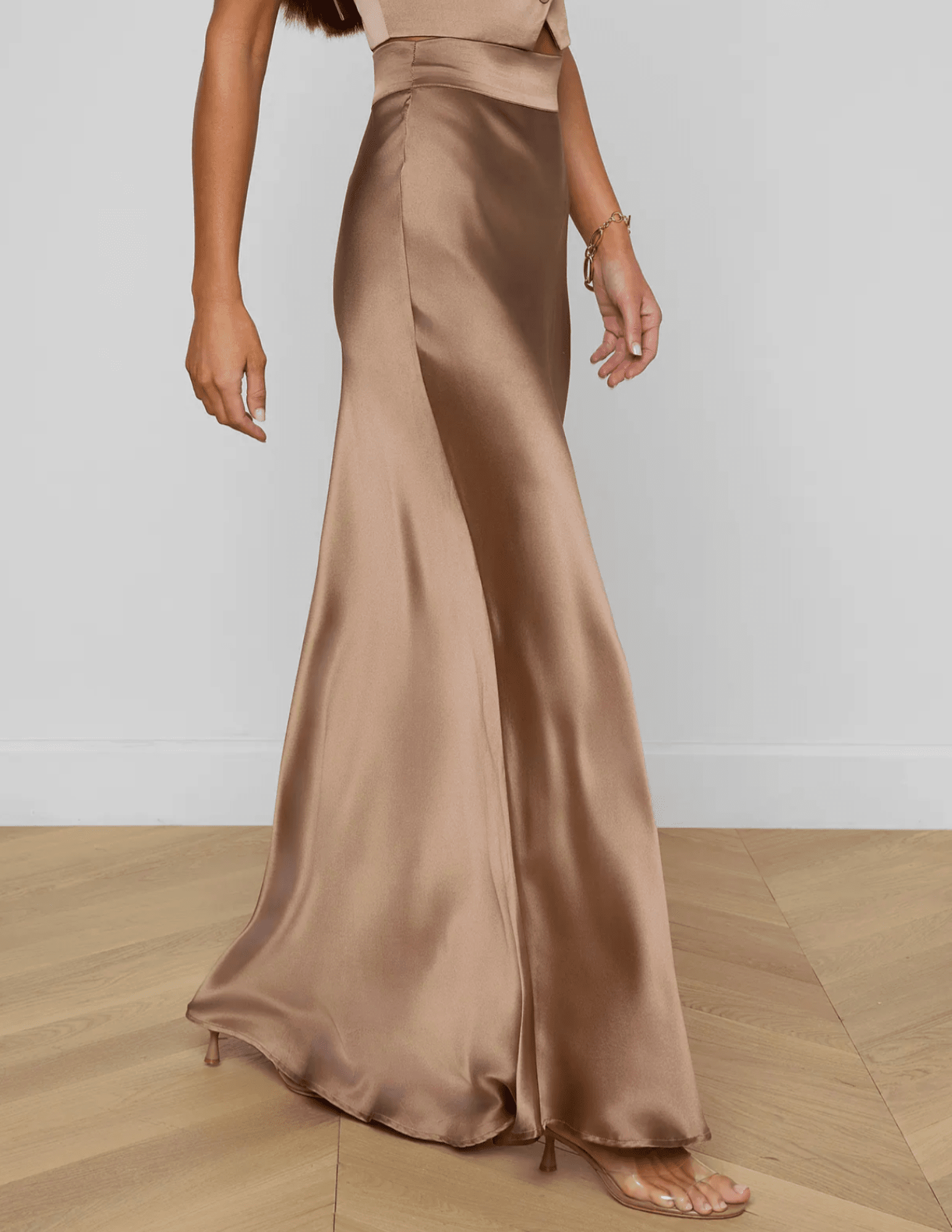 Side view of L'AGENCE Ryker silk maxi skirt in portabella