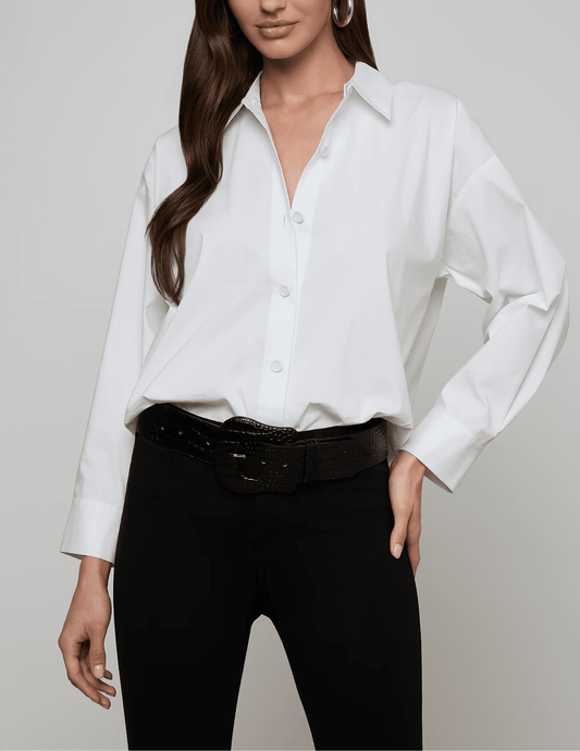 Front view of L'AGENCE Rylie Relaxed Poplin Shirt White
