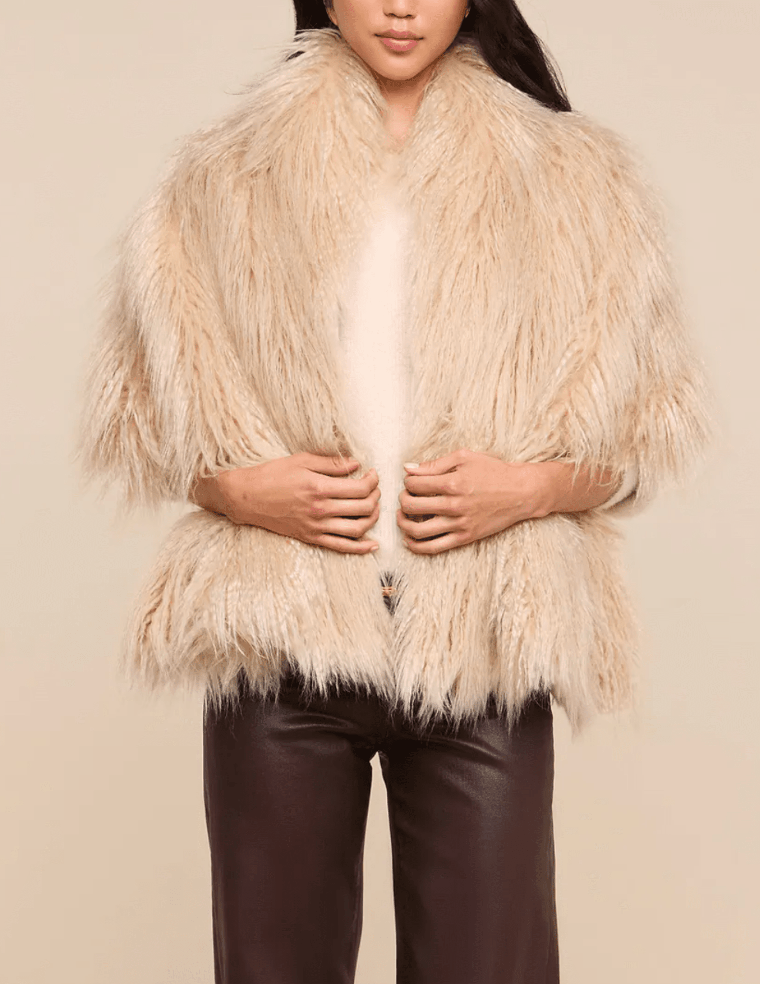 Front of view of L'AGENCE Sabine Faux Fur Scarf in Biscuit
