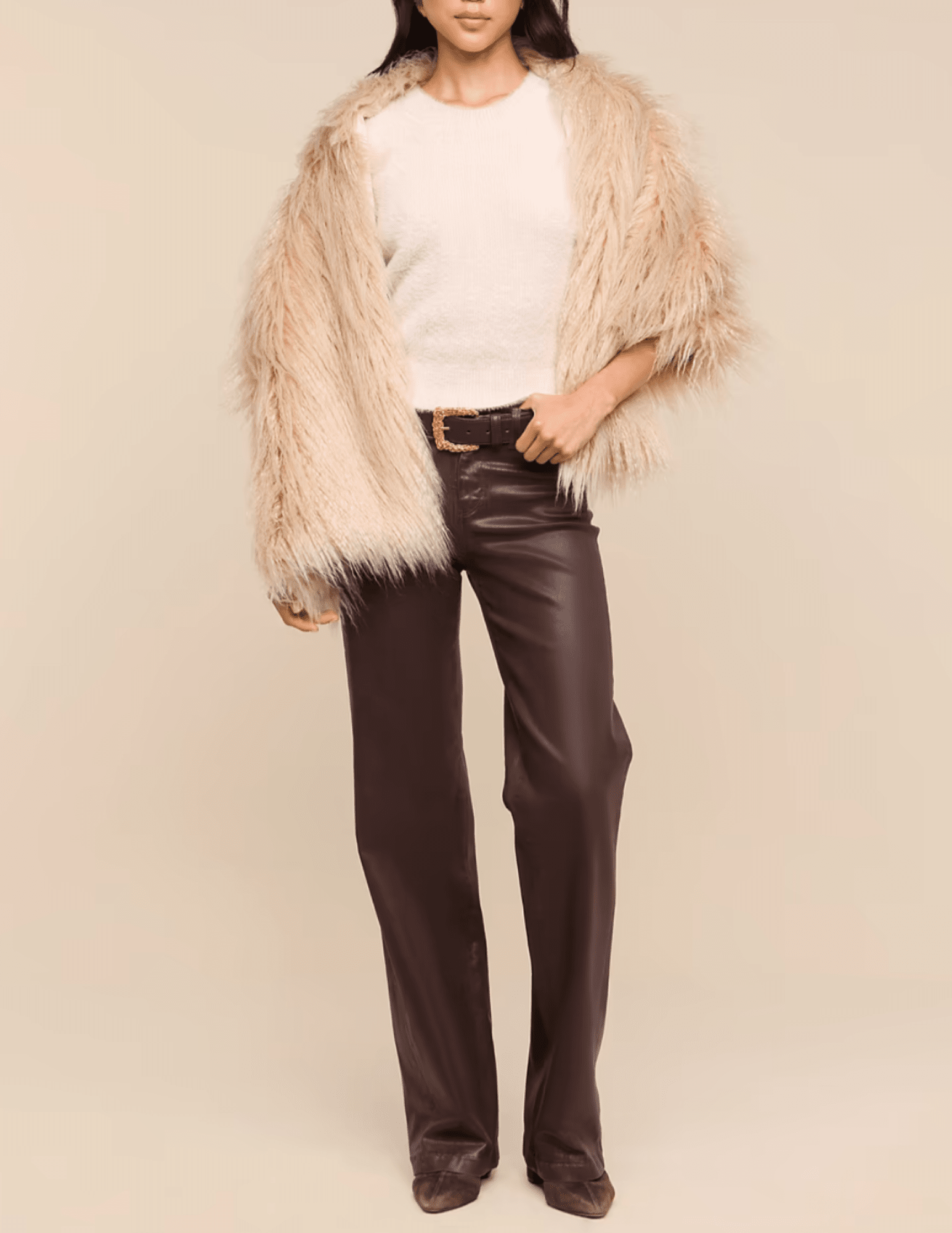Full body view of L'AGENCE Sabine Faux Fur Scarf in Biscuit