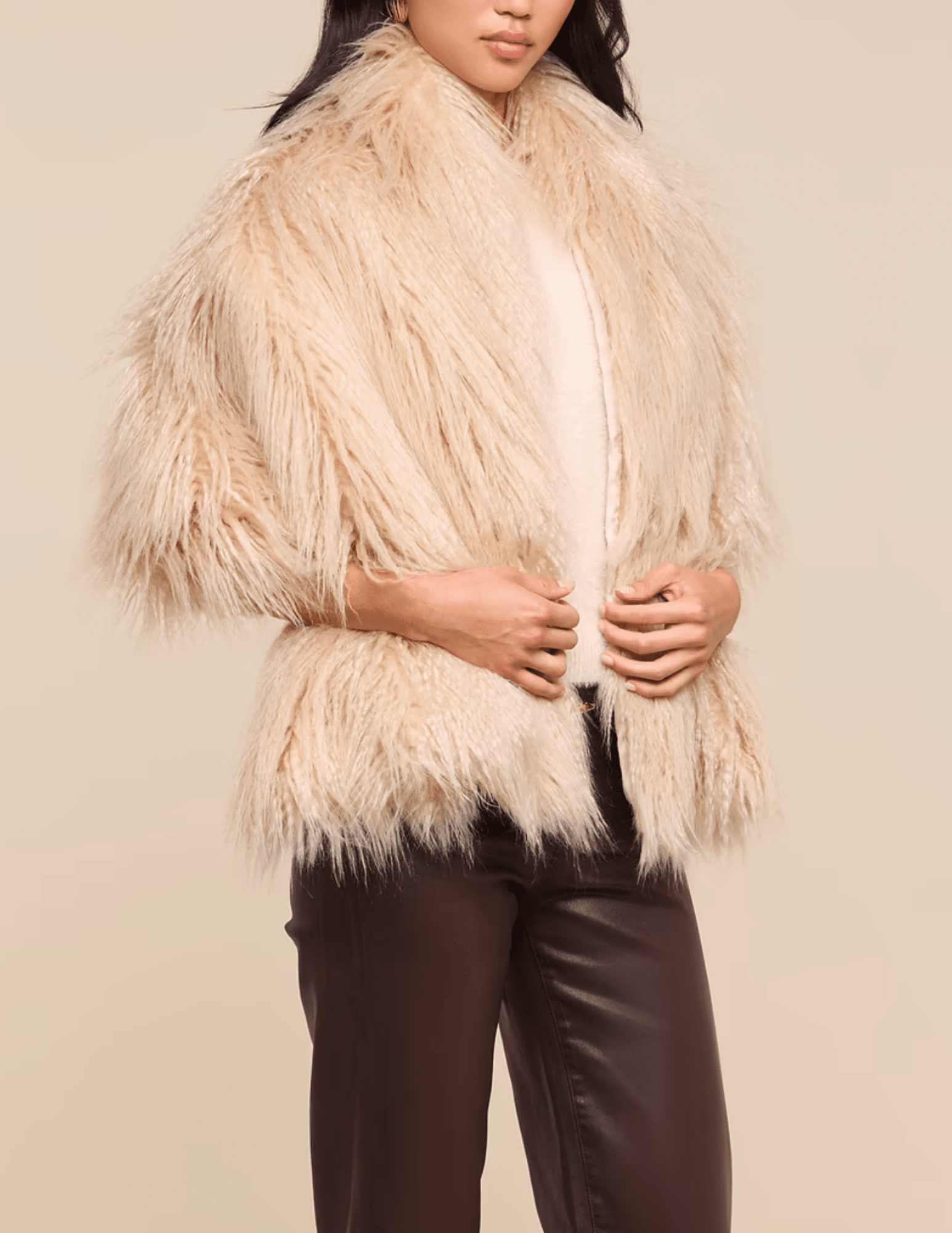 Side view of L'AGENCE Sabine Faux Fur Scarf in Biscuit