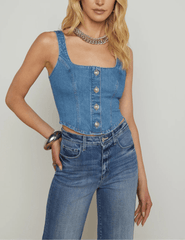 L'AGENCE Saga denim bustier top in Tipton wash, women’s square neck cropped top with structured fit and vintage-inspired button front detailing front model view