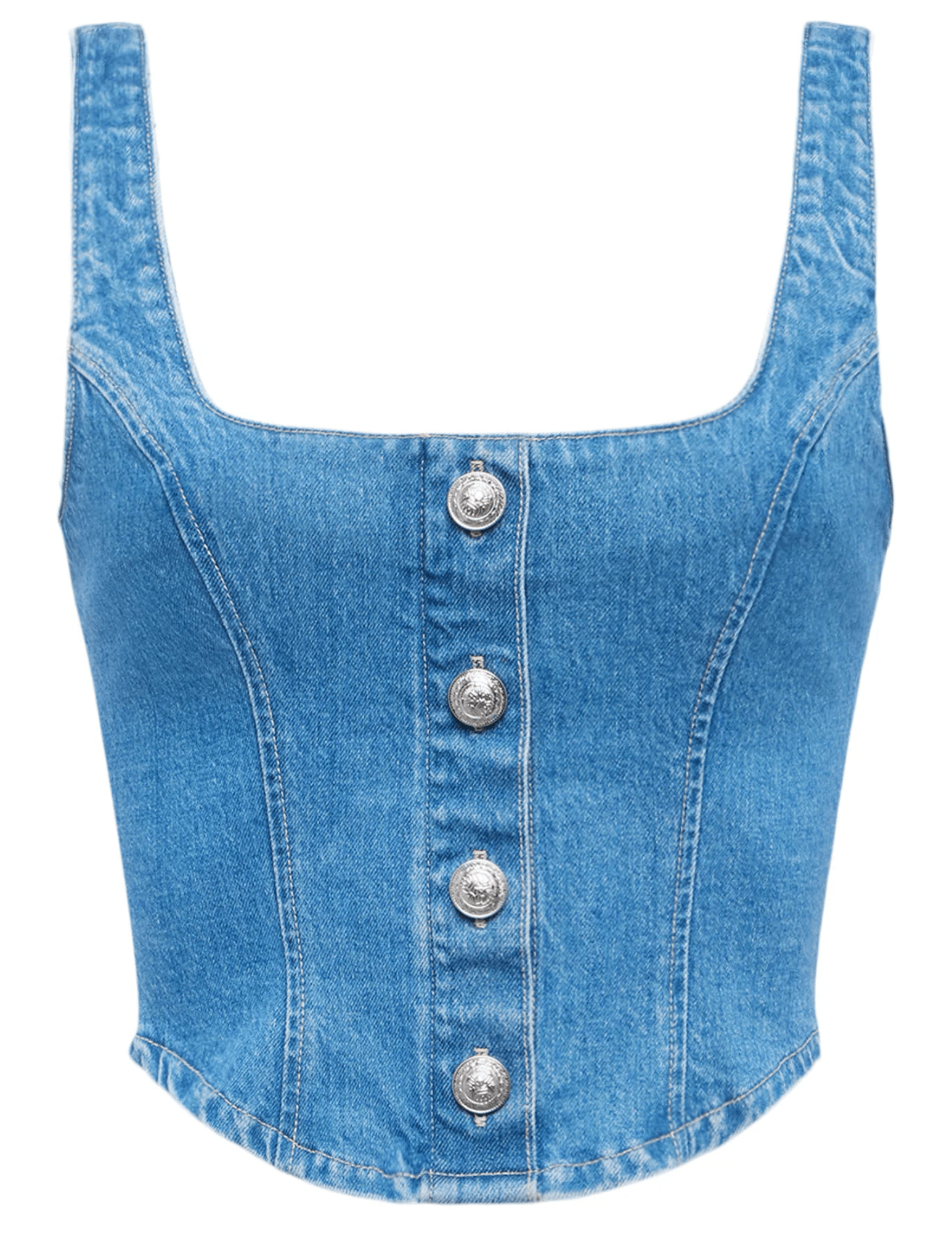 L'AGENCE Saga denim bustier top in Tipton wash, women’s square neck cropped top with structured fit and vintage-inspired button front detailing front view