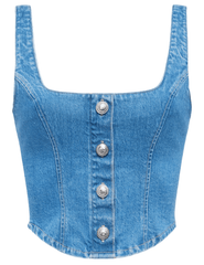 L'AGENCE Saga denim bustier top in Tipton wash, women’s square neck cropped top with structured fit and vintage-inspired button front detailing front view