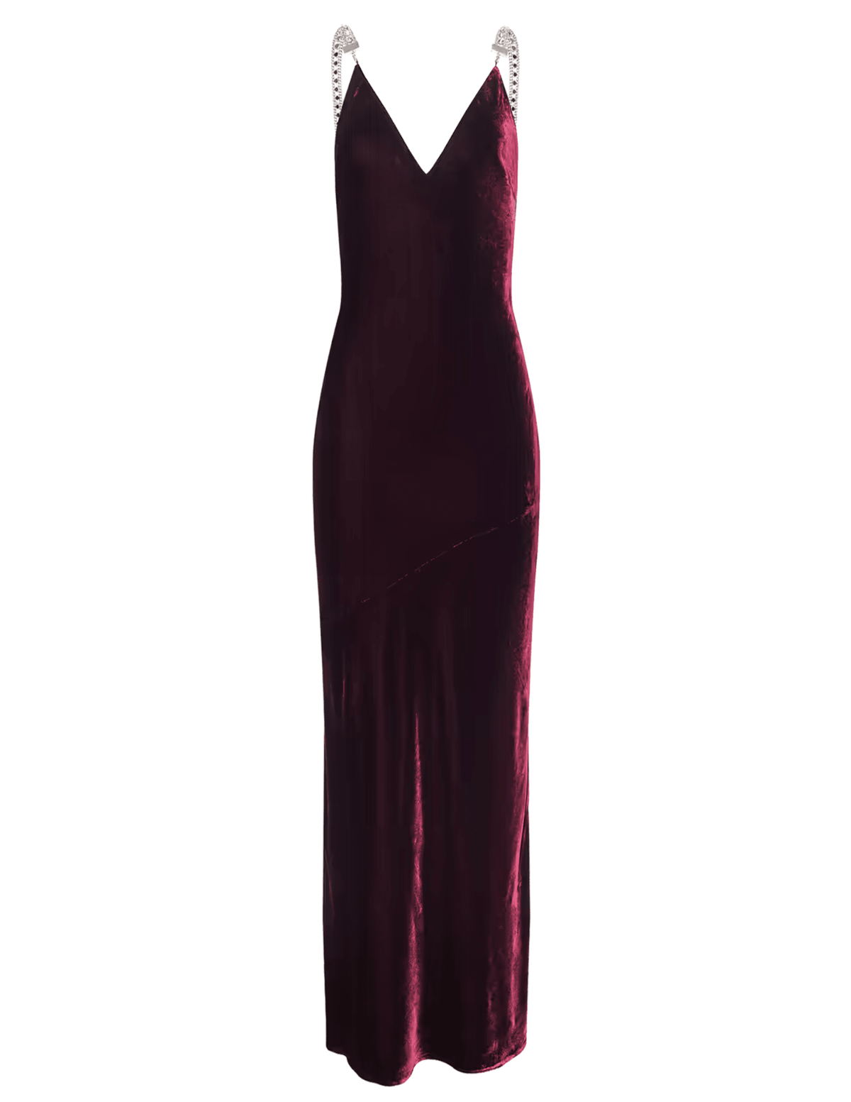 L'AGENCE Saint deep port burgundy velvet maxi gown with plunging V-neckline and rhinestone straps