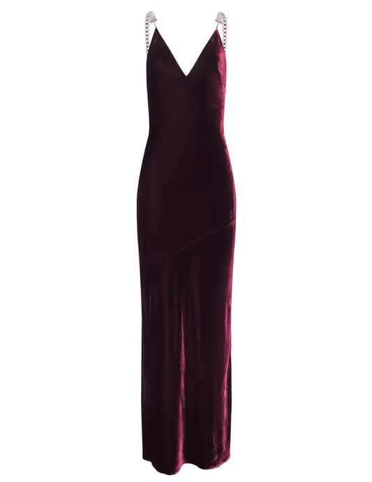 L'AGENCE Saint deep port burgundy velvet maxi gown with plunging V-neckline and rhinestone straps