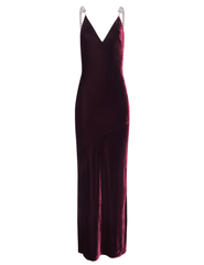 L'AGENCE Saint deep port burgundy velvet maxi gown with plunging V-neckline and rhinestone straps