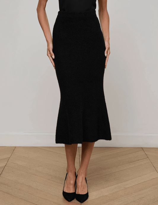L’Agence Salem Knit Flare Midi Skirt in black with high-rise fit and flared hem front view
