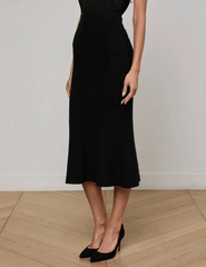 L’Agence Salem Knit Flare Midi Skirt in black with high-rise fit and flared hem-side