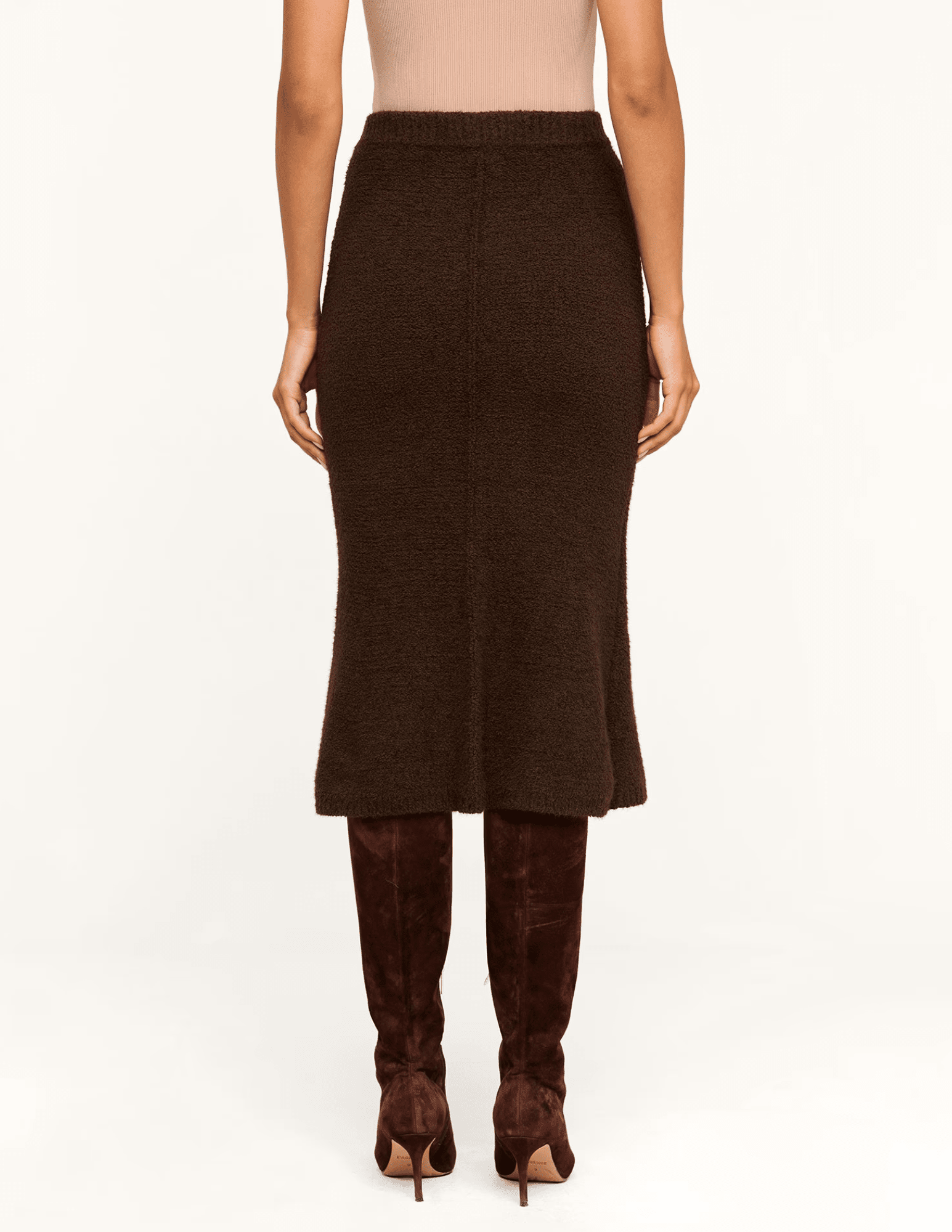 Back view of L'AGENCE Salem Dark Brown Midi Skirt with a streamlined fit and softly flared hem.