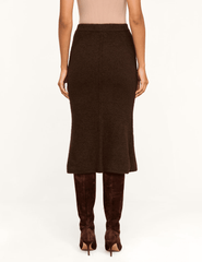 Back view of L'AGENCE Salem Dark Brown Midi Skirt with a streamlined fit and softly flared hem.
