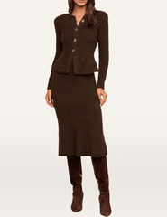 L'AGENCE Salem Dark Brown Midi Skirt styled with the coordinating Melissa Knit Flare Cardigan and tall boots.