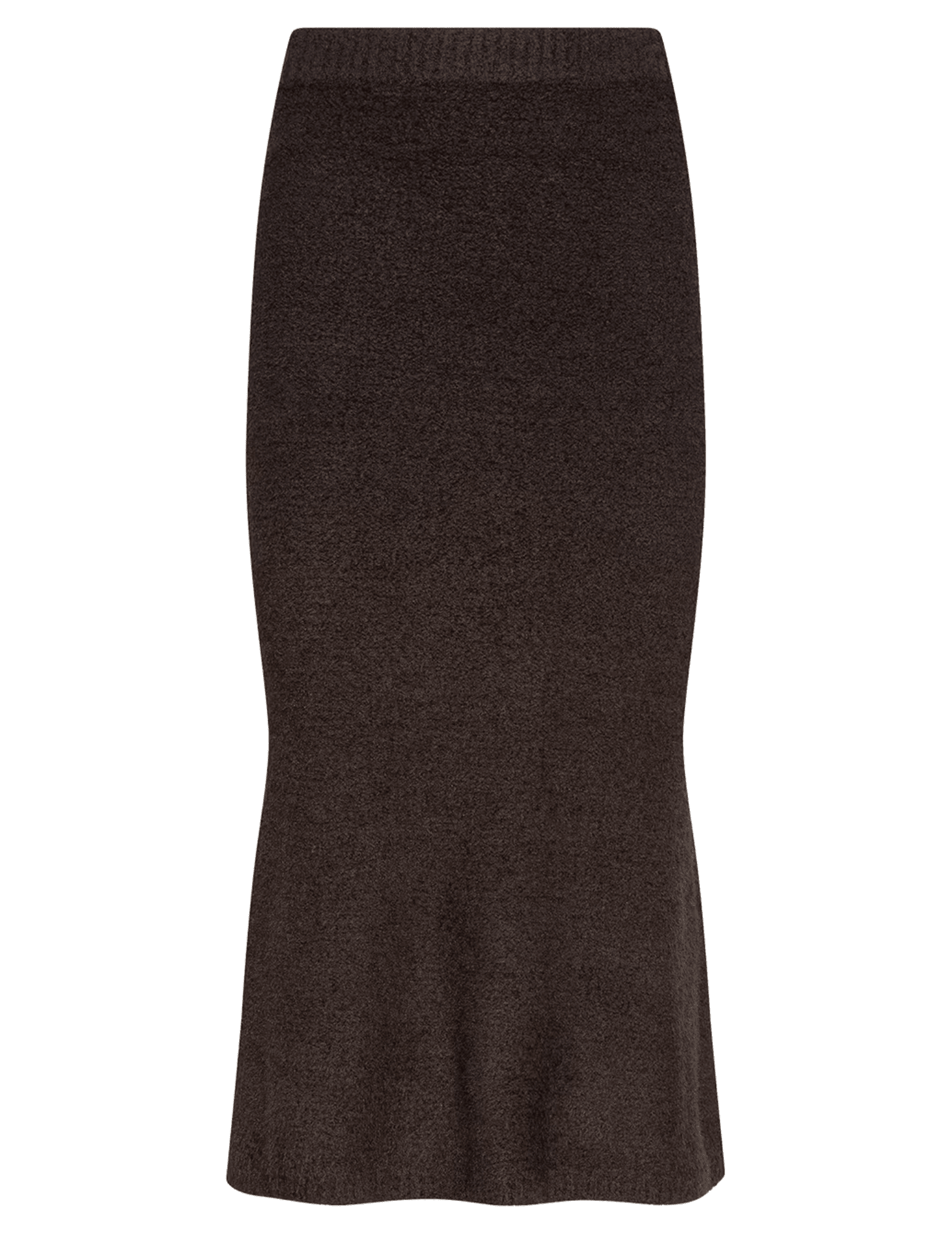 L'AGENCE Salem Knit Flare Midi Skirt in Dark Brown featuring a high-rise waist and gently flared hem.