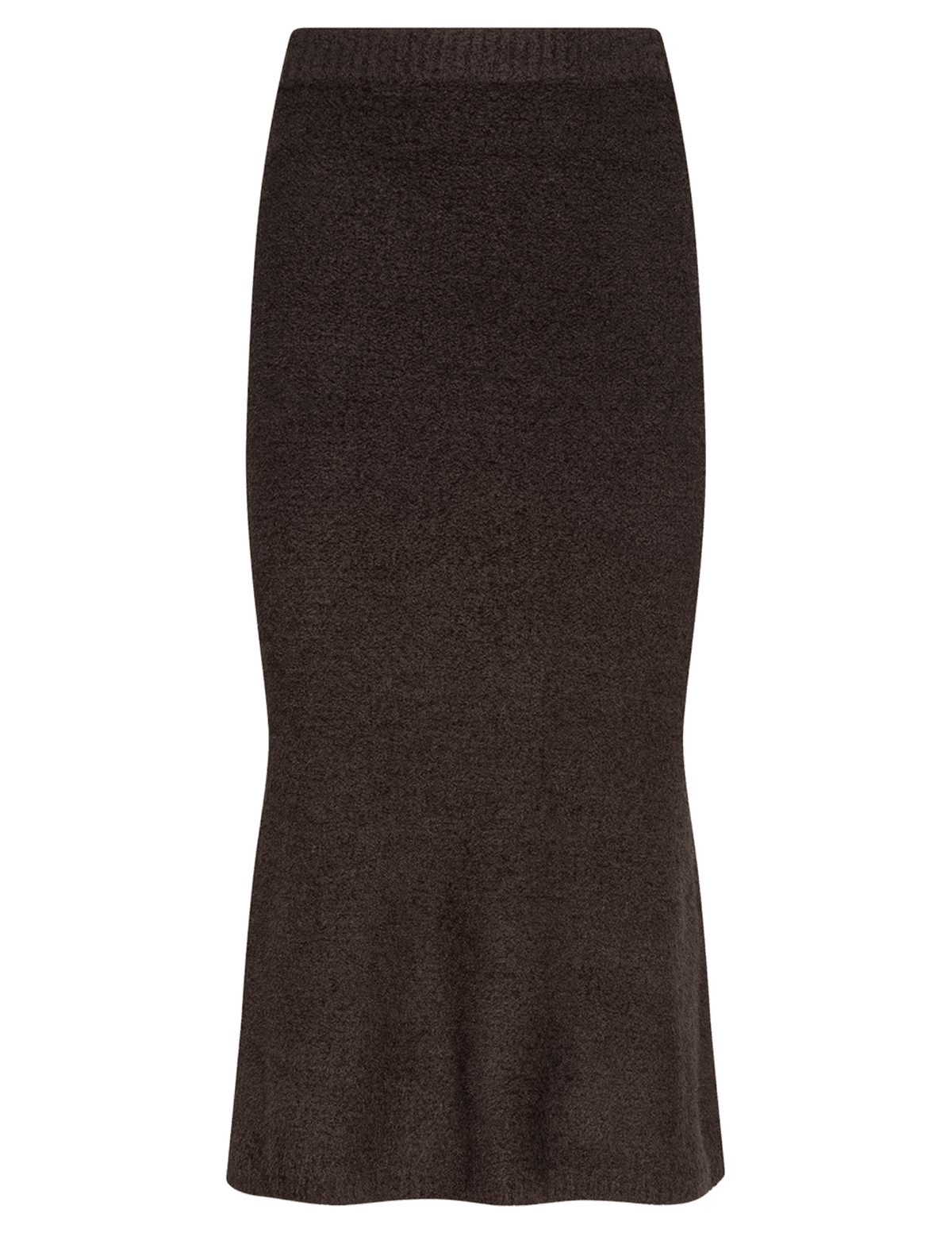 L'AGENCE Salem Knit Flare Midi Skirt in Dark Brown featuring a high-rise waist and gently flared hem.